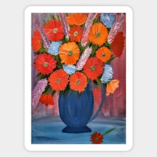 carnations mixed flowers in a blue jug vase Sticker